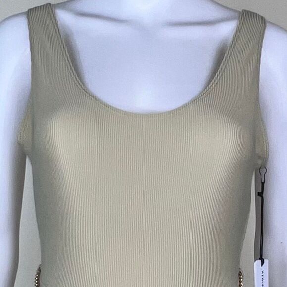 WeWoreWhat Solid Rib Scoop Jumpsuit in Khaki with Gold Chain Belt - Picture 2 of 16